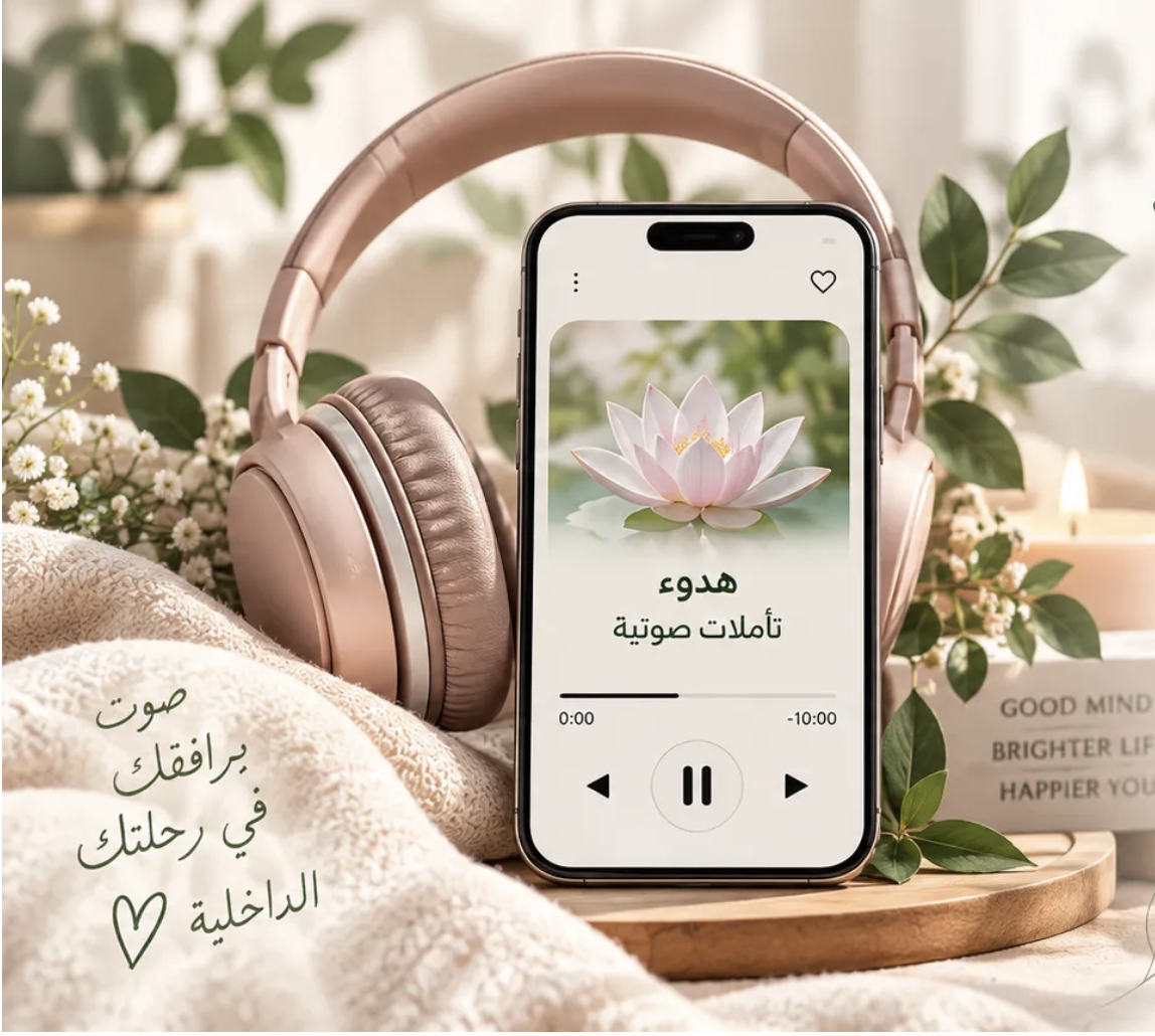 سماعات وهاتف يعرض تأملات هدوء الصوتية